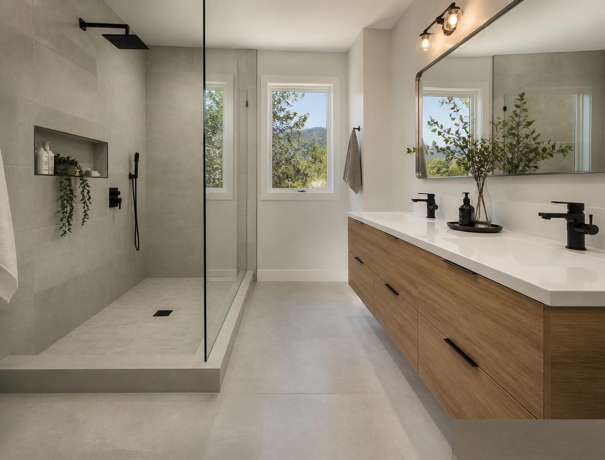 Finished bathroom remodel with tiled walk-in shower and floating vanity